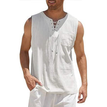 Load image into Gallery viewer, Men's Cotton Linen Tank Top Shirts Casual Sleeveless Lace Up Beach Hippie Tops Bohemian Renaissance Pirate Tunic
