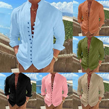 Load image into Gallery viewer, Men's Linen Button Up Shirt Long Sleeve Plain Band Collar
