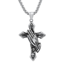 Load image into Gallery viewer, Men's Stainless Steel Oxidized Prayer Hand and Cross Pendant
