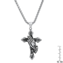 Load image into Gallery viewer, Men's Stainless Steel Oxidized Prayer Hand and Cross Pendant
