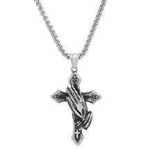 Load image into Gallery viewer, Men's Stainless Steel Oxidized Prayer Hand and Cross Pendant
