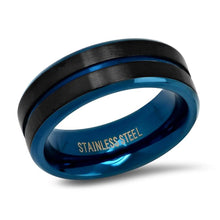Load image into Gallery viewer, Men's Two Tone Black and Blue IP Stainless Steel Band Ring

