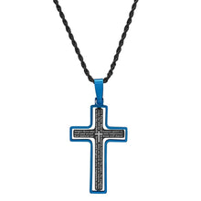 Load image into Gallery viewer, Men's Two Tone Black and Blue IP Stainless Steel Our Father English Cross Pendant
