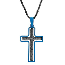 Load image into Gallery viewer, Men's Two Tone Black and Blue IP Stainless Steel Our Father English Cross Pendant

