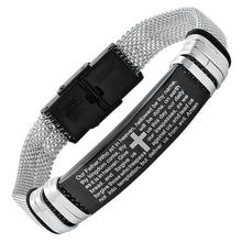 Load image into Gallery viewer, Men's Two Tone Stainless Steel and Black IP Our Father Prayer Mesh Bracelet
