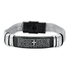 Load image into Gallery viewer, Men's Two Tone Stainless Steel and Black IP Our Father Prayer Mesh Bracelet
