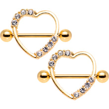 Load image into Gallery viewer, 14G 3/4 Clear Gem Gold Anodized Heart Nipple Shield Set
