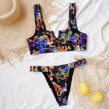 Load image into Gallery viewer, Modern Blue High Waist Bikini Push Up Swimwear Women Dragon Printed Bikini Set Retro Swimsuit Women's High Waist Bikini Swimsuits Twist Push Up Two Piece Bathing Suits Tummy Control Swimwear
