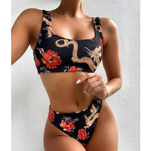 Load image into Gallery viewer, Modern Blue High Waist Bikini Push Up Swimwear Women Dragon Printed Bikini Set Retro Swimsuit Women's High Waist Bikini Swimsuits Twist Push Up Two Piece Bathing Suits Tummy Control Swimwear
