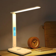 Load image into Gallery viewer, Modern Business Led Office Desk Lamp Touch Dimmable Foldable With Calendar Temperature Alarm Clock table Reading Light Decorative Table Lamp Cute Study Lamps for Bedroom Décor
