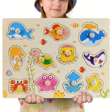 Load image into Gallery viewer, Montessori Wooden Puzzles Hand Grab Boards Toys Tangram Baby Educational Toys Cartoon Vehicle Animals Fruits 3D Puzzles
