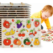Load image into Gallery viewer, Montessori Wooden Puzzles Hand Grab Boards Toys Tangram Baby Educational Toys Cartoon Vehicle Animals Fruits 3D Puzzles
