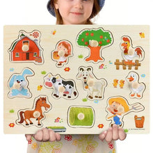 Load image into Gallery viewer, Montessori Wooden Puzzles Hand Grab Boards Toys Tangram Baby Educational Toys Cartoon Vehicle Animals Fruits 3D Puzzles
