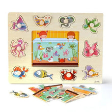 Load image into Gallery viewer, Montessori Wooden Puzzles Hand Grab Boards Toys Tangram Baby Educational Toys Cartoon Vehicle Animals Fruits 3D Puzzles
