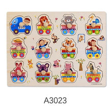 Load image into Gallery viewer, Montessori Wooden Puzzles Hand Grab Boards Toys Tangram Baby Educational Toys Cartoon Vehicle Animals Fruits 3D Puzzles
