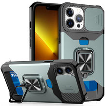 Load image into Gallery viewer, Multifunctional Card Holder Heavy Duty Protective iPhone Case For iPhone  14 13 12 11  Pro Max Slide Camera Kickstand Card Holder Slot Wallet Protective With Ring Stand Cover Magnetic Strong Phone Case
