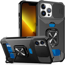 Load image into Gallery viewer, Multifunctional Card Holder Heavy Duty Protective iPhone Case For iPhone  14 13 12 11  Pro Max Slide Camera Kickstand Card Holder Slot Wallet Protective With Ring Stand Cover Magnetic Strong Phone Case
