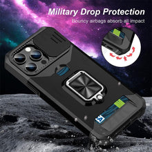 Load image into Gallery viewer, Multifunctional Card Holder Heavy Duty Protective iPhone Case For iPhone  14 13 12 11  Pro Max Slide Camera Kickstand Card Holder Slot Wallet Protective With Ring Stand Cover Magnetic Strong Phone Case
