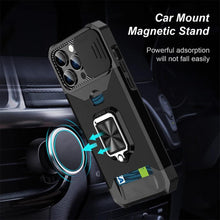Load image into Gallery viewer, Multifunctional Card Holder Heavy Duty Protective iPhone Case For iPhone  14 13 12 11  Pro Max Slide Camera Kickstand Card Holder Slot Wallet Protective With Ring Stand Cover Magnetic Strong Phone Case
