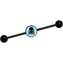 Load image into Gallery viewer, 14G Blue Black Skull Black Industrial Barbell 37mm
