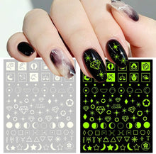 Load image into Gallery viewer, Nail Stickers Back Glue Fluorescent Light Flame Butterfly Moon Love Pattern Designs Nail Decal Decoration Tips For Beauty Salons Glow in Dark Nail Stickers Self-Adhesive Nail Art Decals Butterfly Flower Star Heart Nail Strips Glow Dark Nail Art Manicure
