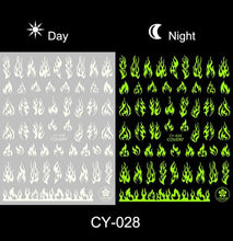 Load image into Gallery viewer, Nail Stickers Back Glue Fluorescent Light Flame Butterfly Moon Love Pattern Designs Nail Decal Decoration Tips For Beauty Salons Glow in Dark Nail Stickers Self-Adhesive Nail Art Decals Butterfly Flower Star Heart Nail Strips Glow Dark Nail Art Manicure
