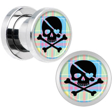 Load image into Gallery viewer, Pink Green Plaid Heart Skull Steel Screw Fit Plug Set 0G

