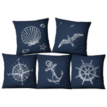 Load image into Gallery viewer, Navigation Navy Blue Nautical Shell Starfish Linen Pillow Cover Blue Anchor Navigation Anchor Sailboat Pillowcase Marine Cushion Cover Sofa Home Decorative Cushion Cover For Home
