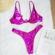 Load image into Gallery viewer, Neon V-bar Underwired Bikini Female Ribbed Swimsuit Women Swimwear Two-pieces Bikini set Push up Bathing Suit
