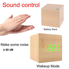 Load image into Gallery viewer, New Arrival Wooden LED Alarm Clocks Temperature Electronic Clock Digital Alarm Clock with Wooden Electronic LED Time Display 3 Dual Plus Alarm Cubic Small Mini Wood Made Electric Sounds Control Digital LED Display Desktop Calendar Table clock

