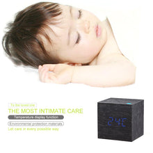 Load image into Gallery viewer, New Arrival Wooden LED Alarm Clocks Temperature Electronic Clock Digital Alarm Clock with Wooden Electronic LED Time Display 3 Dual Plus Alarm Cubic Small Mini Wood Made Electric Sounds Control Digital LED Display Desktop Calendar Table clock
