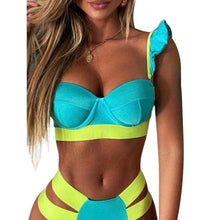 Load image into Gallery viewer, New Bikini Sets Black Push Up Swimsuit Women Neon Patchwork Bikini Swimsuit 2 Piece Cutout Molded Push Up Bathing Suit Women Swimwear Splicing Bathing Suit Holiday Beach Swimming Suit

