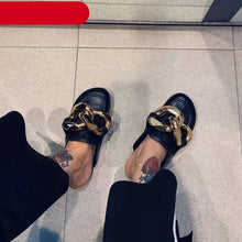 Load image into Gallery viewer, Gold Chain Women Slipper Closed Toe Slip On Mules Shoes Round Toe Low Heels Casual Slides Flat Sandals Slip On Slide Sandals Elegant Heels Slides Slippers
