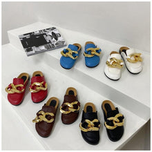 Load image into Gallery viewer, Gold Chain Women Slipper Closed Toe Slip On Mules Shoes Round Toe Low Heels Casual Slides Flat Sandals Slip On Slide Sandals Elegant Heels Slides Slippers
