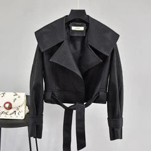 Load image into Gallery viewer, New Elegance Autumn Women's Pu Leather Jackets Short Coat Turndown Collar Belt Lace-up Motorcycle Black Punk Red Overcoat Female Outwear
