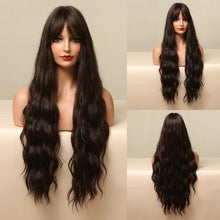Load image into Gallery viewer, New Fashion Long Wavy Ombre Brown Highlight Wigs with Bangs Synthetic Natural Wig for Women Heat Resistant Cosplay Hair Wigs For Black Women Wigs For Cosplay
