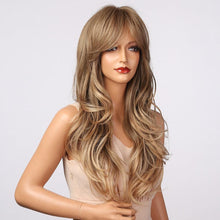 Load image into Gallery viewer, New Fashion Long Wavy Ombre Brown Highlight Wigs with Bangs Synthetic Natural Wig for Women Heat Resistant Cosplay Hair Wigs For Black Women Wigs For Cosplay
