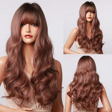 Load image into Gallery viewer, New Fashion Long Wavy Ombre Brown Highlight Wigs with Bangs Synthetic Natural Wig for Women Heat Resistant Cosplay Hair Wigs For Black Women Wigs For Cosplay
