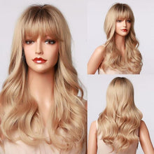 Load image into Gallery viewer, New Fashion Long Wavy Ombre Brown Highlight Wigs with Bangs Synthetic Natural Wig for Women Heat Resistant Cosplay Hair Wigs For Black Women Wigs For Cosplay
