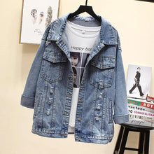 Load image into Gallery viewer, New Sizzling Women's Denim Jacket Fashionable Streetwear Letter Stylish Chic Printed Ripped Holes Jean Patchwork Jeans Female Coat

