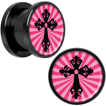 Load image into Gallery viewer, Pink Black Radiant Cross Black Anodized Screw Fit Plug Set 1/2
