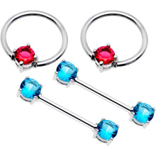 Load image into Gallery viewer, 5/8 Pink Aqua Gem Captive Ring Straight Barbell Nipple Ring Set
