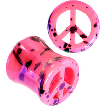 Load image into Gallery viewer, Black Speckled Pink Acrylic Peace Sign Saddle Plug Set 10mm to 20mm
