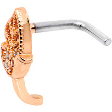 Load image into Gallery viewer, 18G Clear CZ Rose Gold Tone Leaf Faux Hoop L Shaped Nose Ring
