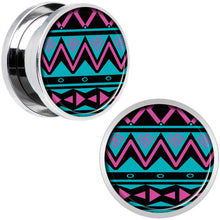 Load image into Gallery viewer, Pink Teal Tribal Print Steel Screw Fit Plug Set 5/8
