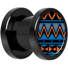 Load image into Gallery viewer, Blue Orange Tribal Print Black Anodized Screw Fit Plug Set 0G
