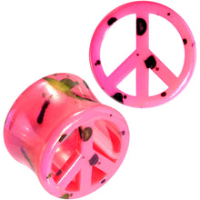 Load image into Gallery viewer, Black Speckled Pink Acrylic Peace Sign Saddle Plug Set 10mm to 20mm
