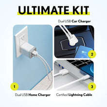 Load image into Gallery viewer, Overtime Home and Car Complete Charging Kit: Fast Wall &amp; Car Chargers + Durable Lightning Cable
