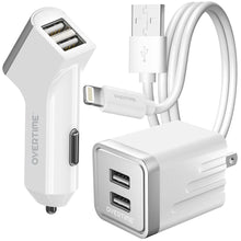 Load image into Gallery viewer, Overtime Home and Car Complete Charging Kit: Fast Wall &amp; Car Chargers + Durable Lightning Cable
