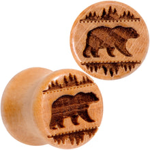Load image into Gallery viewer, Organic Beechwood Holiday Bear in the Woods Saddle Plug Set Sizes 8mm to 20mm
